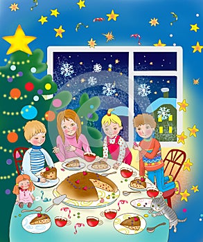 New Year card,Illustration for children`s books, postcard, children drink tea with a Christmas cupcake with a surprise near the Ch