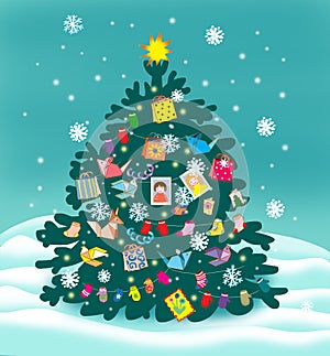 New Year card,Illustration Christmas decorated tree outside in the snow with snowflakes