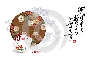New year card, mouse, rat doll and japanese traditional wave pattern for year 2020