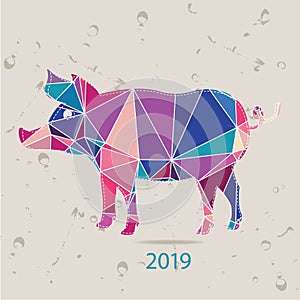 The 2019 new year card with Pig made of triangles