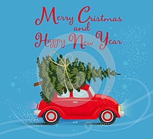 New year card with a red car carrying a christmas tree on the roof, vector , flat, cartoon style, banner, flyer