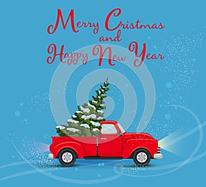 New year card with a red car carrying a christmas tree on the roof, vector , flat, cartoon style, banner, flyer