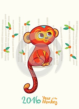 New Year card with Red Monkey for year 2016