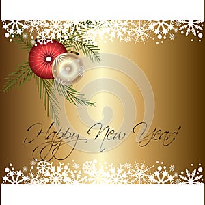 New year card with shiny balls and snow decorations