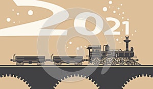 New Year card with a vintage steam locomotive train