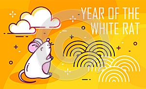 New Year card with white rat and clouds on yellow background. Thin line flat design.