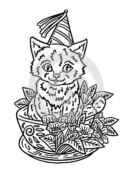 New Year Cat Party Hat Isolated Adults Coloring