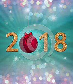 New Year celebration. background with colorful party lights, golden, sparkling 2018 text