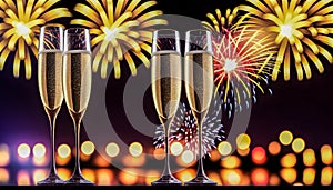 new year celebration with champagne countdown to midnight clock and fireworks