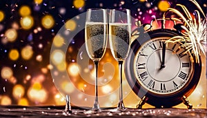 new year celebration with champagne countdown to midnight clock and fireworks