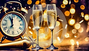 new year celebration with champagne countdown to midnight clock and fireworks