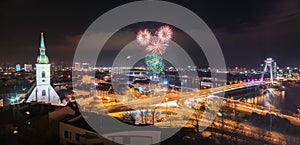 New Year Celebration. Fireworks on Danube River