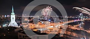 New Year Celebration. Fireworks on Danube River