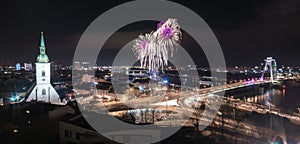New Year Celebration. Fireworks on Danube River