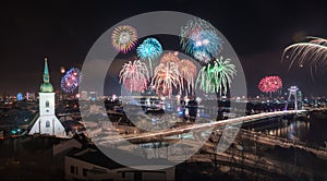 New Year Celebration. Fireworks on Danube River