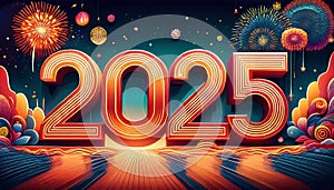 2025 new year celebration with fireworks exploding in the night sky