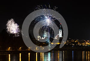 New Year celebration, fireworks in Tabor, Czech Republic