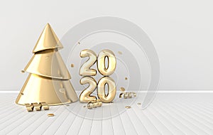 New year 2020 celebration interior background. Golden numerals 2020, confetti ribbons, christmas tree. Realistic illustration for