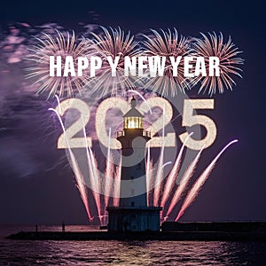 Colorful Fireworks Exploding in the Night Sky for New Year 2025 }