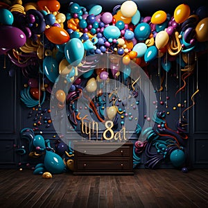 new year celebration postal card, balloons and confettis in the backgroud, ai