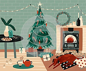 New Year celebration preparation vector illustration. Christmas festive atmosphere. Home coziness, Xmas celebration