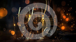 New Year Celebration - Toast With Champagne And Fireworks - Defocused Bokeh Lights And Glittering Effect On Background, generative