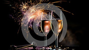 New Year Celebration - Toast With Champagne And Fireworks - Defocused Bokeh Lights And Glittering Effect On Background, generative