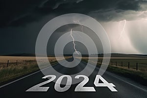 New year and challange concept. Number 2024 on empty road and rain storm sky background. Generative ai