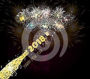 New year champagne toast golden 2018 background fireworks lights effects