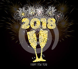 New year champagne toast golden 2018 background fireworks lights effects