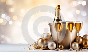 New Year champagne in wine glasses and bottle in bucket decorated Christmas gold baubles
