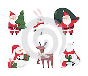 New Year Characters with Santa Claus, Bunny, Reindeer, Snowman and Polar Bear Vector Set