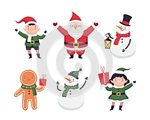 New Year Characters with Santa Claus, Elf, Gingerbread Man and Snowman Vector Set