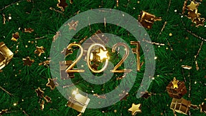 New year and Christmas 2021. Mobile gold inscription 2021 on the background of green Christmas tree branches with gold confetti