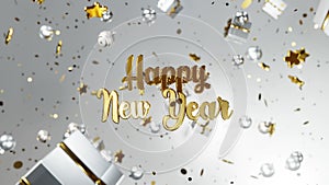 New year and Christmas 2021. Mobile gold inscription HAPPY NEW YEAR on white background with gift boxes, golden stars, christmas b
