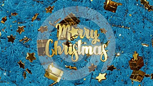 New year and Christmas 2021. Mobile gold inscription MERRY CHRISTMAS on the background of blue Christmas tree branches with gold c