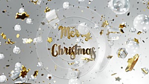 New year and Christmas 2021. Mobile gold inscription MERRY CHRISTMAS on white background with gift boxes, golden stars, christmas