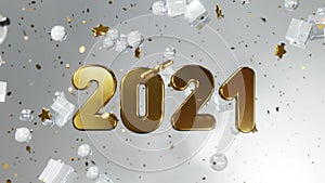 New year and Christmas 2021. Movable gold inscription 2021 on a white background