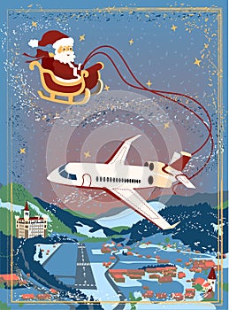 New Year and Christmas A5 card with Santa Claus flying on an airplane over the winter town. Vector illustration of a mountain