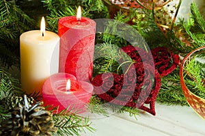 New Year and Christmas background with candles decorated Christmas tree