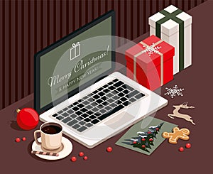 New year and Christmas background with gifts, laptop, cookies, greeting card and Christmas toys. 3D isometric