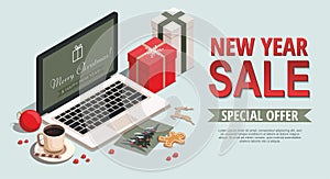 New year and Christmas background with gifts, laptop, cookies, greeting card and Christmas toys. 3D isometric sale banner.