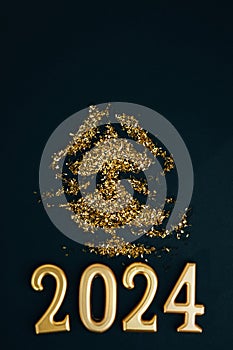 New Year, Christmas background. Golden candles numbers 2024 on a black background with golden sequins