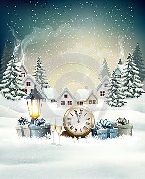 New Year and Christmas background with lantern and colorful gift boxes,