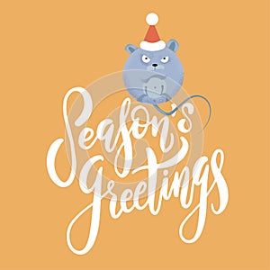 New year and Christmas background with rat - symbol of the year. Simple illustration of round mouse for the greeting card with