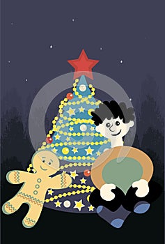 New Year and Christmas. A boy, a Christmas tree with lights and a star and a gingerbread man