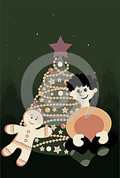 New Year and Christmas. A boy, a Christmas tree with lights and a star and a gingerbread man