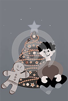 New Year and Christmas. A boy, a Christmas tree with lights and a star and a gingerbread man