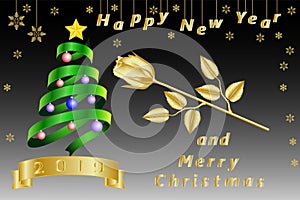 New Year and Christmas card, banner with a green ribbon in the form of a New Year, Christmas tree, a golden clock and snowflakes.