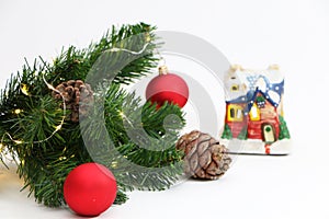 New Year and Christmas card with clocks and gifts